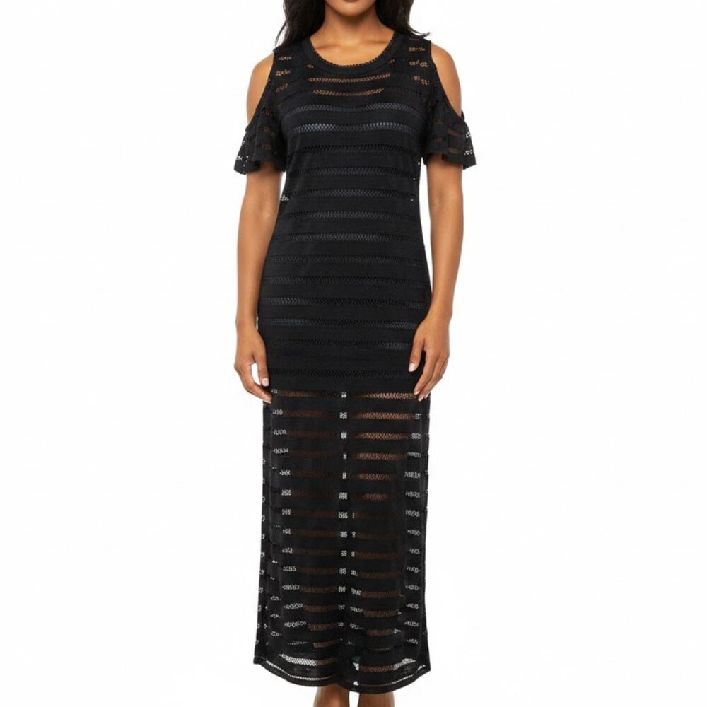Calvin Klein Black Mesh Stripe Cold Shoulder Maxi Swim Cover Up Dress S/M
